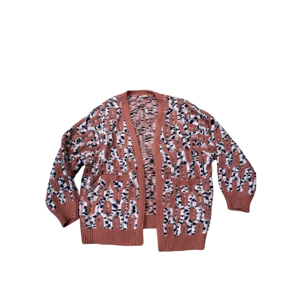 Indigo Thread‎ Textured Knit Open Front Cardigan Women 1X Pink Black White